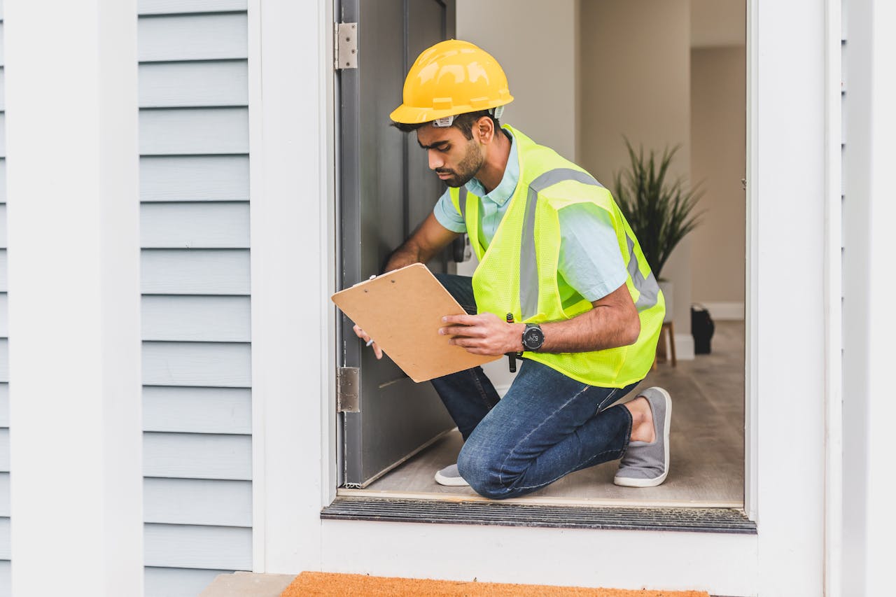 person-with-clipboard-looks-at-door-frame person-with-clipboard-looks-at-door-frame